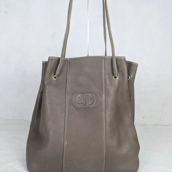 Christian Dior CD Logo Leather Large Shoulder Bag Brown Made in France - Picture 1 of 14